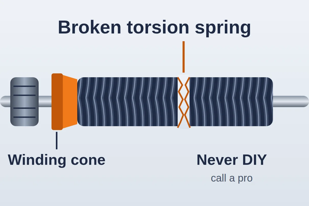 Illustration of a broken garage door torsion spring with a gap in the coil next to the winding cone
